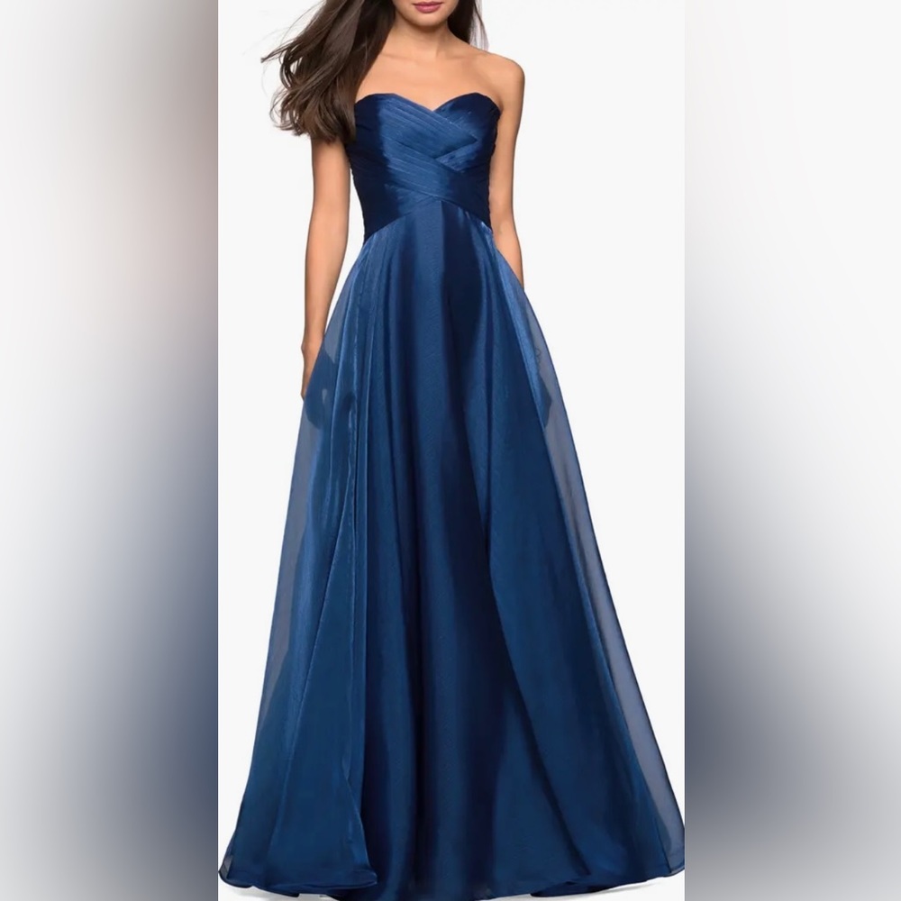 La Femme - Strapless Metallic Organza Gown